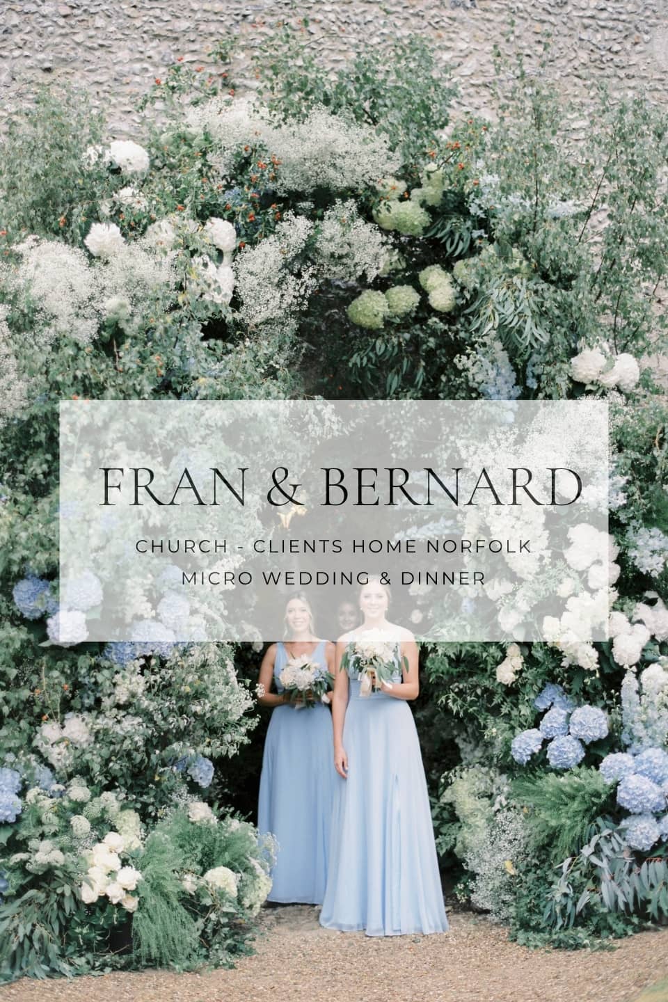 PORTFOLIO NATALIE HEWITT EVENTS LTD - Bridesmaids in blue full length gowns walking out of church under a huge blue and white hydrangea floral arch
