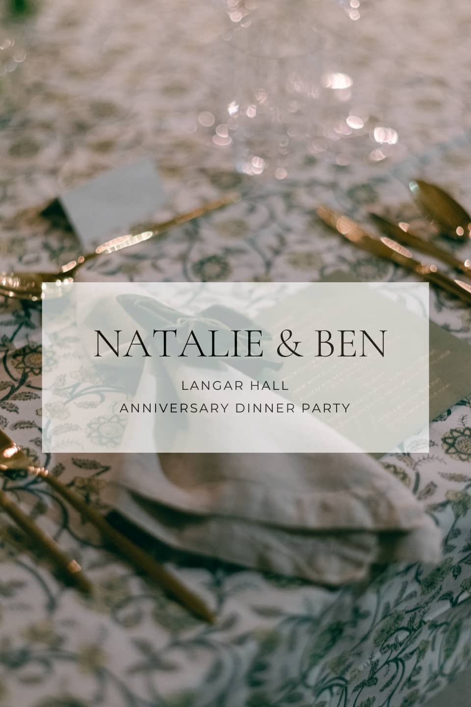 PORTFOLIO NATALIE HEWITT EVENTS LTD - Green patterened table cloth with gold cutlery, oatmeal linen napkin and green velvet bow and green square menu with gold foil ink