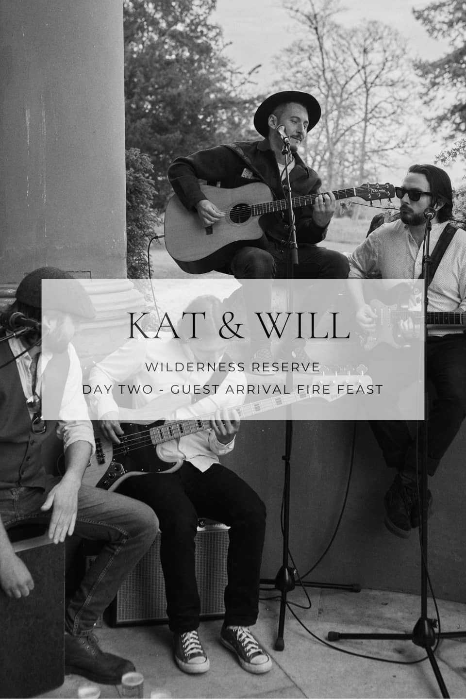 PORTFOLIO NATALIE HEWITT EVENTS LTD - black and white photograph of a four piece band playing acoustic music