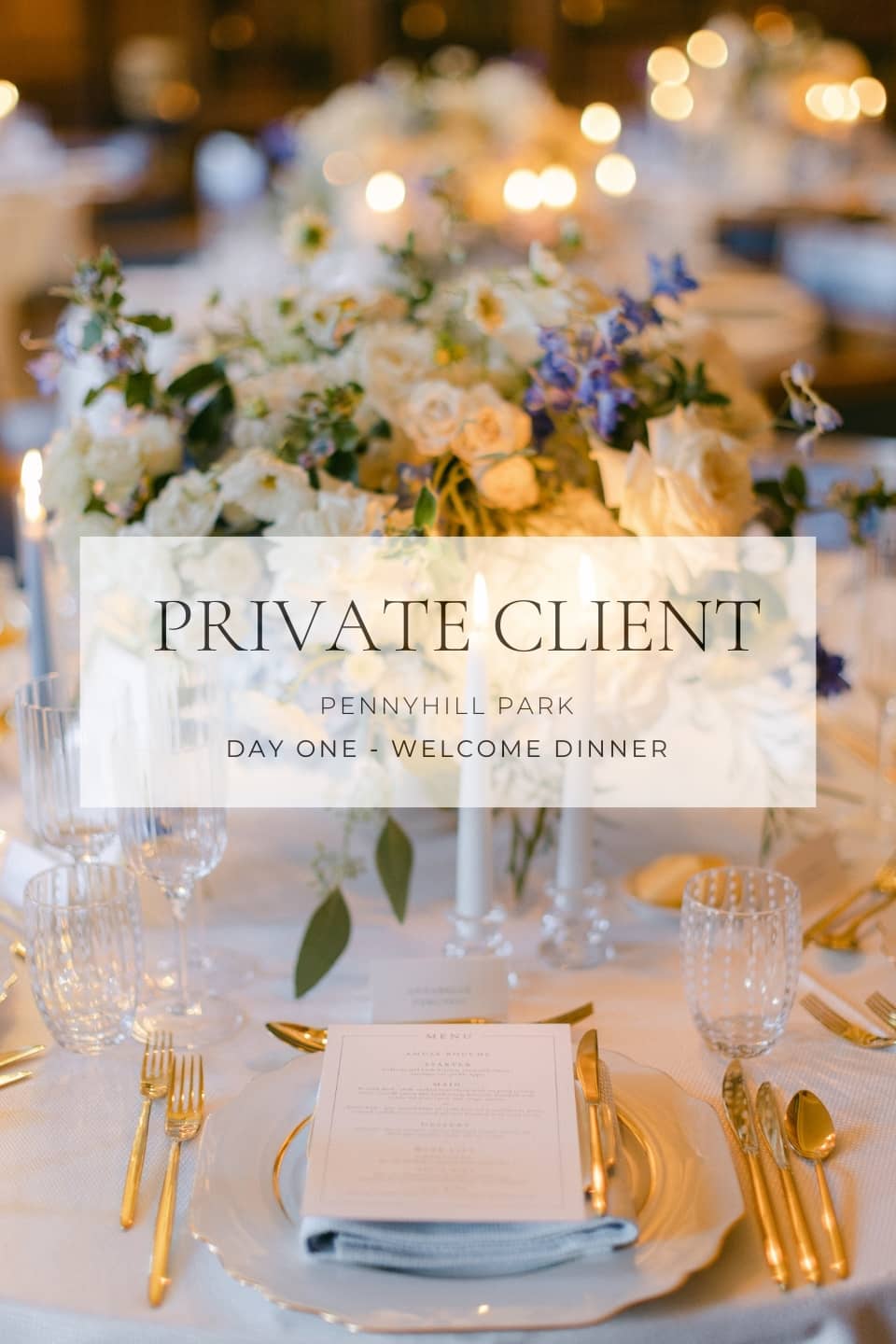 PORTFOLIO NATALIE HEWITT EVENTS LTD - blue and white floral centrepiece with glowing candles, gold cutlery and charger plate with blue napkin
